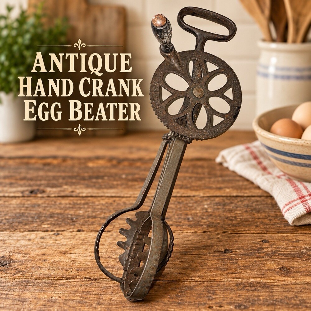 Antique 1869 Patent Cast Iron Hand Crank Egg Beater Primitive Kitchen Tool